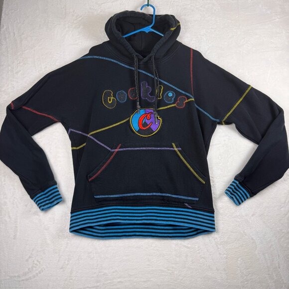 Cookies Hoodie Black Multicolor Stitching Unisex Size L Y2K Streetwear Pullover - Picture 1 of 9